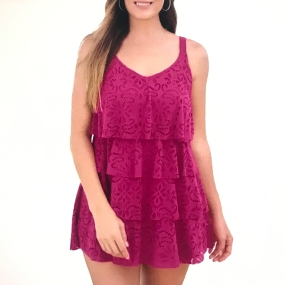 SWIMSUITS FOR ALL Crochet Swim Dress Ruffle Tiered Pink Women’s Plus Size 5X 34 - Picture 1 of 16